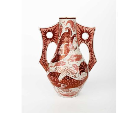 A large William De Morgan vase, ovoid with tapering cylindrical neck, applied with large angular handles, painted with a shoa