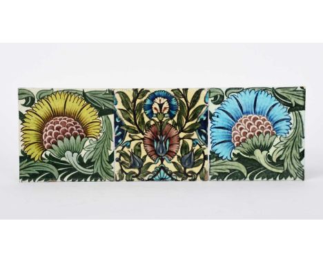A William De Morgan Sands End Pottery BBB tile,  painted in shades of yellow, aubergine and green on a white ground, another 