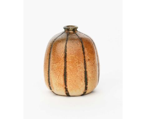 A Martin Brothers stoneware miniature gourd vase by Edwin and Walter Martin, dated 1909, ovoid ribbed form, covered in a tan 