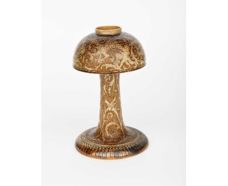 A Martin Brothers stoneware oil lamp base by Edwin & Walter Martin, dated 1888, swollen form on flaring conical base, incised