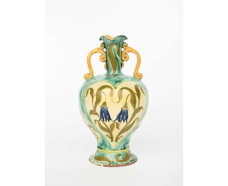 A Della Robbia Pottery vase by Enid Woodhouse, shouldered form with applied scroll handles, painted with a panel of bell flow