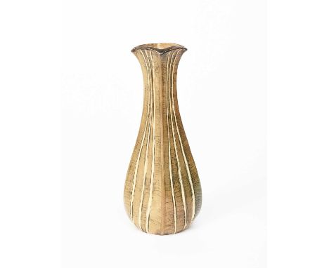 A Martin Brothers stoneware gourd vase by Edwin and Walter Martin, dated 1899, swollen square section, incised vertical veins