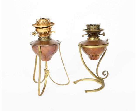 A W A S Benson copper and brass oil lamp, model no.301, the horseshoe brass foot supporting angled stem and scroll handle, wi