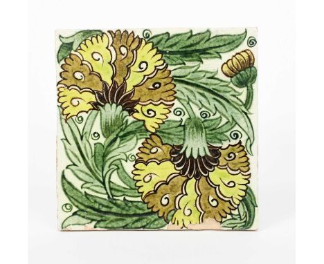 A large William De Morgan Sands End Pottery Double Carnation tile, painted in shades of green brown and yellow on a white gro