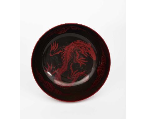 A Bernard Moore flambe bowl, decorated to the well with a large salamander signed Bernard Moore, artist monogram, 25.5cm. dia