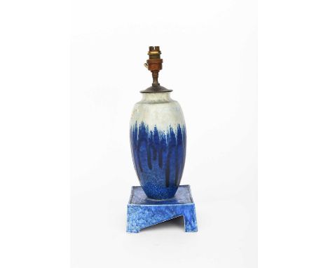 A Ruskin Pottery crystalline stoneware lamp base by William Howson-Taylor, shouldered form on a square section base, matt blu