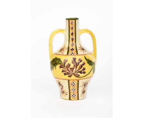 A Della Robbia Pottery Moorish vase by Miss Gwendoline Buckler, shouldered, twin-handled form, painted with a band of flower 