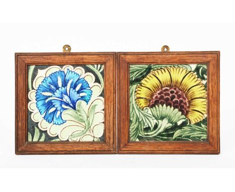 A William De Morgan Sands End Pottery BBB tile, painted in shades of yellow, green and aubergine on a white ground, a William