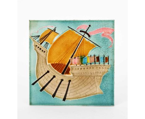 A Pilkington's Viking Ship dust-pressed tile designed by Charles Francis Annesley Voysey, glazed in colours impressed P mark,