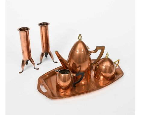 A WMF Secessionist copper and brass coffee set, comprising pot and hinged cover with bakelite handle, twin-handled sugar basi