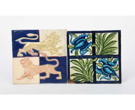 A William De Morgan Sands End Pottery Raised Lion tile, modelled in low relief with two Heraldic lions on a chequered ground,