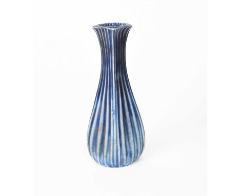 A Martin Brothers stoneware gourd vase by Robert Wallace Martin, swollen square section, incised vertical veins, glazed blue 