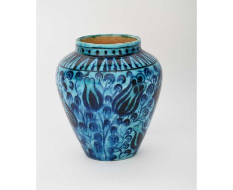 A William De Morgan Persian vase, shouldered form, painted with sprays of stylised blue tulips on a turquoise-blue ground, im