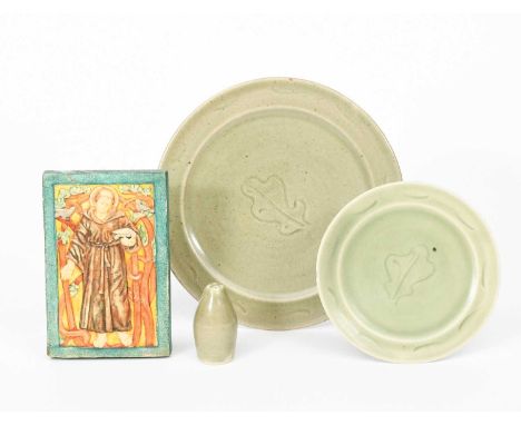 'Saint Francis' a Compton Pottery plaque designed by Mary Seton Watts, rectangular, cast in low relief, painted in colours, a
