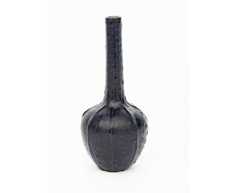 A Martin Brothers stoneware gourd vase by Walter Martin, dated 1901, ovoid with tapering cylindrical solifleur neck, ribbed f