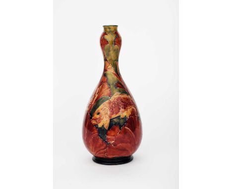 'Flambe Carp' a unique James Macintyre & Co vase by William Moorcroft, ovoid with knopped neck, tubeline decorated with three