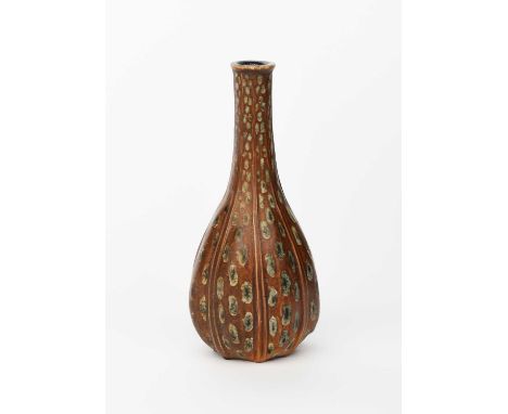 A Martin Brothers stoneware gourd vase by Edwin and Walter Martin, dated 1908, ovoid with tapering cylindrical solifleur neck