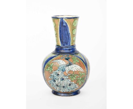 A Della Robbia Pottery vase by Cecil John Shirley,  ovoid with flaring cylindrical neck, painted with panels of peacocks perc