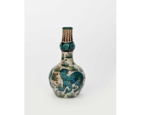 A William De Morgan Persian bottle vase, ovoid with knopped cylindrical neck, painted with a frieze of leopards, amidst clump