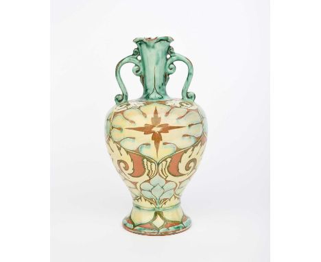 A Della Robbia Pottery vase by Arthur E Bells and probably William Warwick, dated 1898, shouldered form with twin-scroll hand