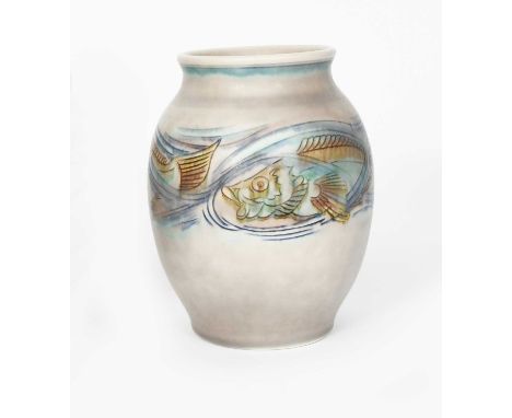 A Pilkington's Royal Lancastrian vase by William S Mycock, dated 1933, painted with a frieze of fish in turquoise and blue on