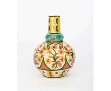 A Della Robbia Pottery vase by Lizzie Wilkins, dated 1896, ovoid with knopped cylindrical neck, incised and painted with pane