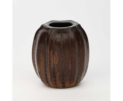 A Martin Brothers stoneware gourd vase by Edwin and Walter Martin, dated 1901, ribbed, shouldered form, incised with dashed v