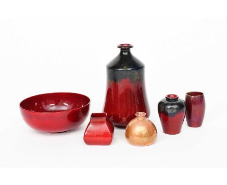 A Bernard Moore flambe vase, waisted, shouldered cylindrical form, flambe with dark crystalline glaze to the shoulder, a mini