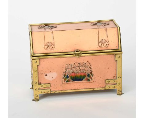A continental copper and brass Secessionist desk post casket, copper chest form with brass rivetted bands, with hinged cover,