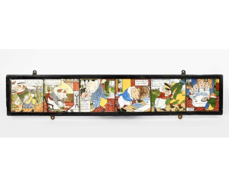'Three Little Pigs' a set of six Nursery Rhyme tiles designed by Walter Crane, painted in colours, framed, marks concealed, 9