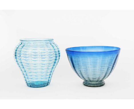 A James Powell & Sons threaded glass vase, shouldered pale blue glass with fine blue thread bands, and a James Powell & Sons 