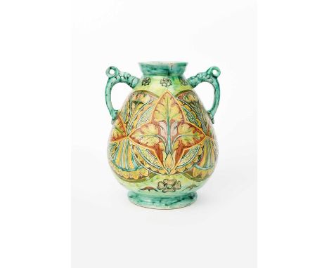 A Della Robbia Pottery Cantagalli vase by Hannah Jones, swollen ovoid form with applied handles, incised and painted with Art