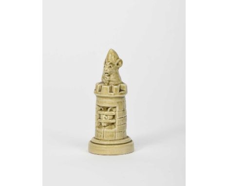 A Doulton Lambeth Rook chess piece by George Tinworth, cast as a mouse atop a round castle turret, another mouse peering from