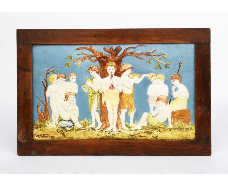 Melody a Della Robbia Pottery plaque designed by Ellen Mary Rope, painted by Marianne de Caluwé, rectangular, cast in low rel
