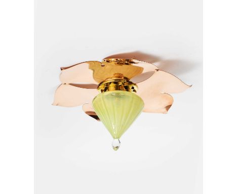 A modern copper and vaseline glass ceiling light by Christopher Vickers, originally designed by W.A.S Benson, floriform coppe