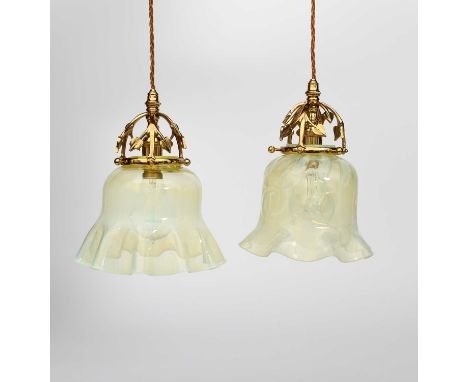 A pair of modern Christopher Vickers brass ceiling lights, after the original design by W.A.S. Benson, each cast with foliate