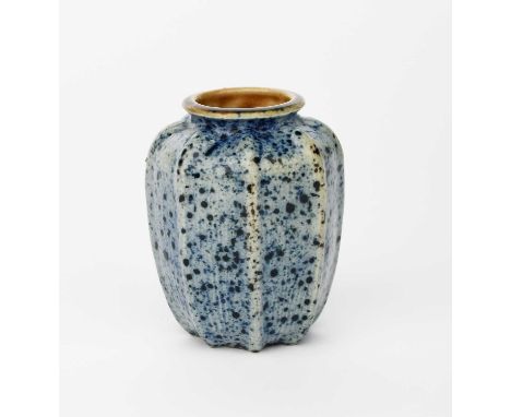 A Martin Brothers stoneware gourd vase by Edwin and Walter Martin, dated 1908, ribbed, shouldered cylindrical form, blue spec