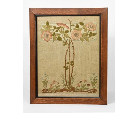 An Art Nouveau silk embroidery possibly retailed by Liberty & Co, rectangular, embroidered with dog rose flowers on long entw