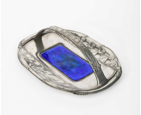 A Liberty &amp; Co Tudric Pewter tray designed by Archibald Knox, model no. 0357, rounded, rectangular form cast in low relie