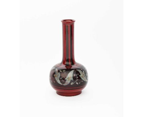 A Bernard Moore flambe solifleur vase, ovoid with tall cylindrical neck, painted with a band of foliage in white and purple o