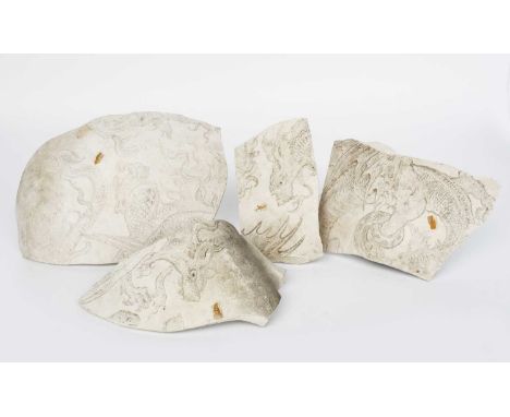 Four Martin Brothers stoneware Dragon fragments by Robert Wallace Martin, from a large jardiniere, each incised, two with dra