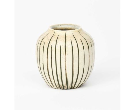 A Martin Brothers stoneware miniature gourd vase by Edwin and Walter Martin, dated 1904, ovoid incised with vertical veins, g