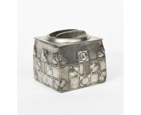 A Liberty Tudric Pewter biscuit box and cover designed by Archibald Knox, model no.0194, square section, cast in low relief w