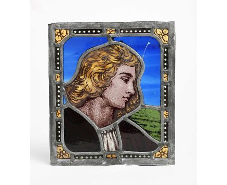 'King David' a stained glass window by Harry Mileham, dated 1935, rectangular form, signed monogram and date, damages, 28 x 2