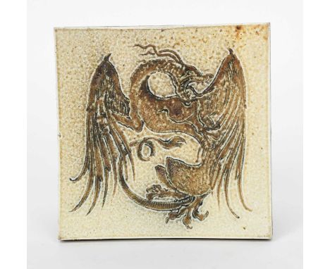 A Martin Brothers stoneware Dragon tile, incised with a dragon flying, glazed chestnut on a buff ground, impressed marks to b