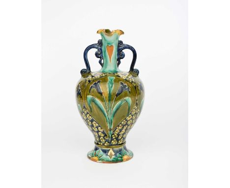 A Della Robbia Pottery vase by Lizzie Wilkins and probably Harry Fletcher, shouldered form with applied scroll handles, incis