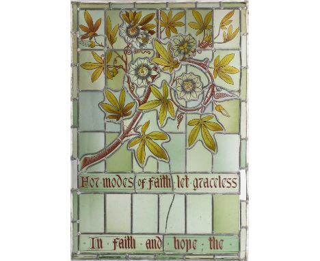 Two stained glass window panels, one painted with passionflower stems above inscription How modes of faith let graceless,  th