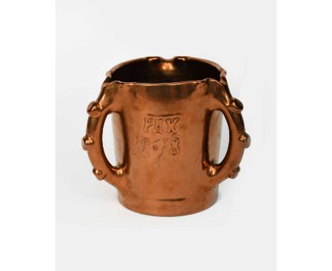 A Sunflower Pottery Tyg by Sir Edmund Elton, cylindrical form, incised with flower motif and inscribed PAK 1918, covered in a