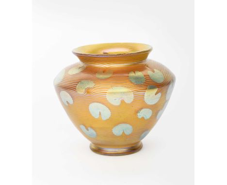 A rare Loetz Phanomen glass vase, shouldered swollen form, surface decorated with Art Nouveau geometric design of circular sp