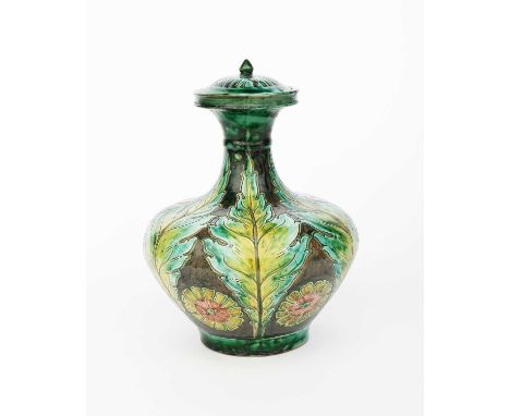A Della Robbia Pottery Dutch vase and cover by John Fogo and Lizzie Wilkins, ovoid form with waisted neck and flat cover, inc